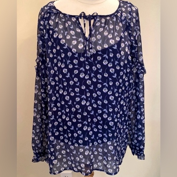 Liz Claiborne Blue Ditsy Floral Semi Sheer Ruffle Long Sleeves Tie Up Blouse XXL - Picture 1 of 14